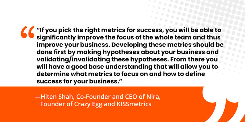 “If you pick the right metrics for success, you will be able to significantly improve the focus of the whole team and thus improve your business. Developing these metrics should be done first by making hypotheses about your business and validating/invalidating these hypotheses. From there you will have a good base understanding that will allow you to determine what metrics to focus on and how to define success for your business.”   —Hiten Shah, Co-Founder and CEO of Nira,  Founder of Crazy Egg and KISSmetrics 