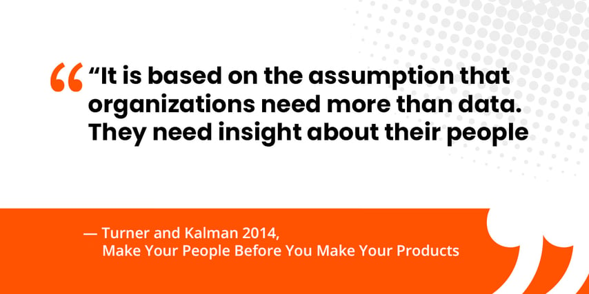 “It is based on the assumption that organizations need more than data. They need insight about their people to be competitive in world markets. This is because people are often the only source of competitive advantage.”   — Turner and Kalman 2014, Make Your People Before You Make Your Products 